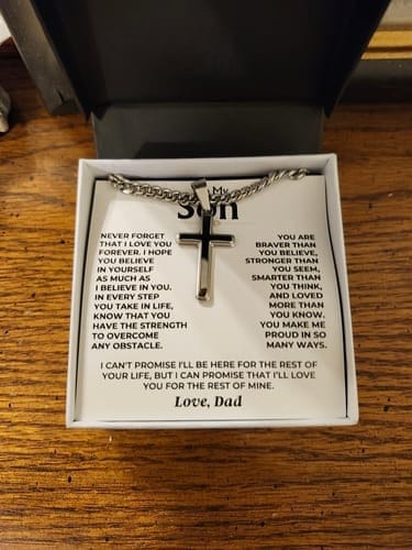 Customer photo review of Gift for Son from Mom and Dad Cross Necklace – Faith & Strength Keepsake