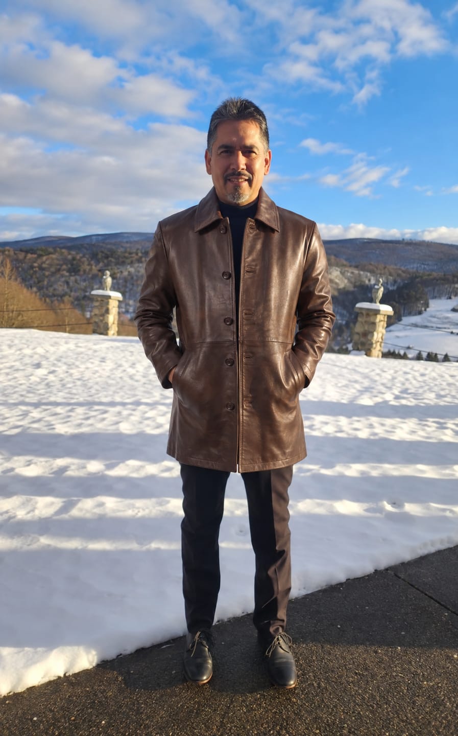 Customer photo review of Delusional Dark Walnut Brown Leather Pea Coat
