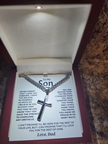 Customer photo review of Gift for Son from Dad Cross Necklace – Forever Love Inspirational Gift