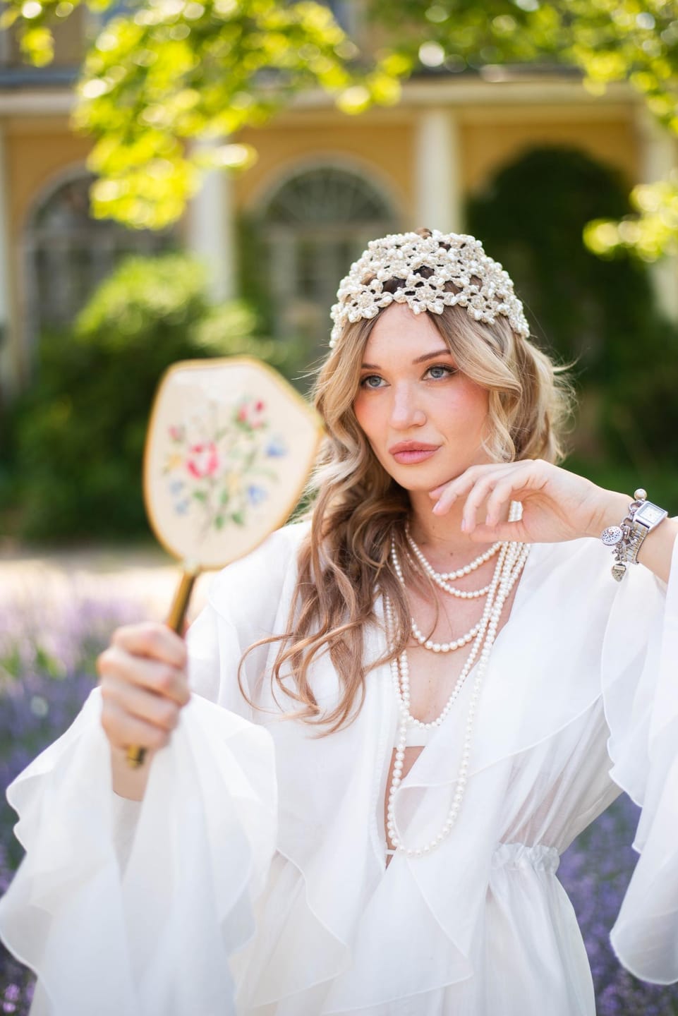 Customer photo review of Flower beanie Amanda with pearls & bicones sand ivory