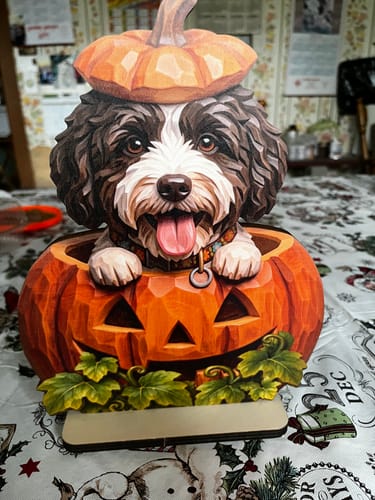 Customer's Custom Dog Cat Pumpkin Art wooden plaque featuring a brown and white dog resting inside a carved pumpkin.