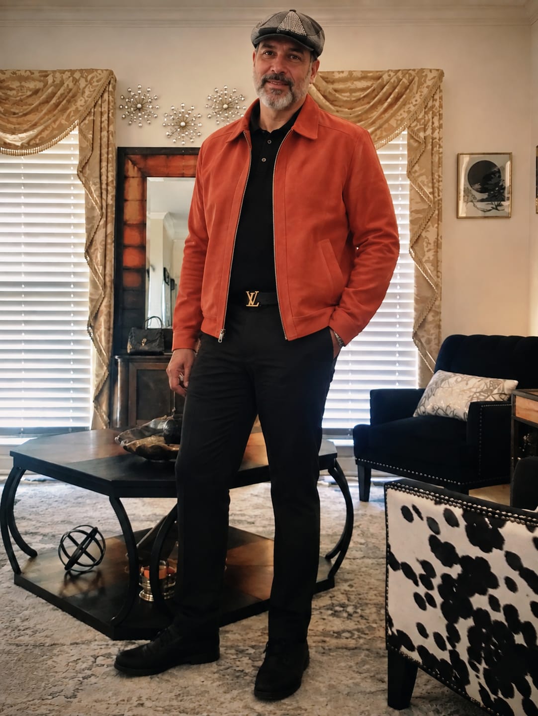 Customer photo review of Splendid Orange Suede Trucker Leather Jacket For Men