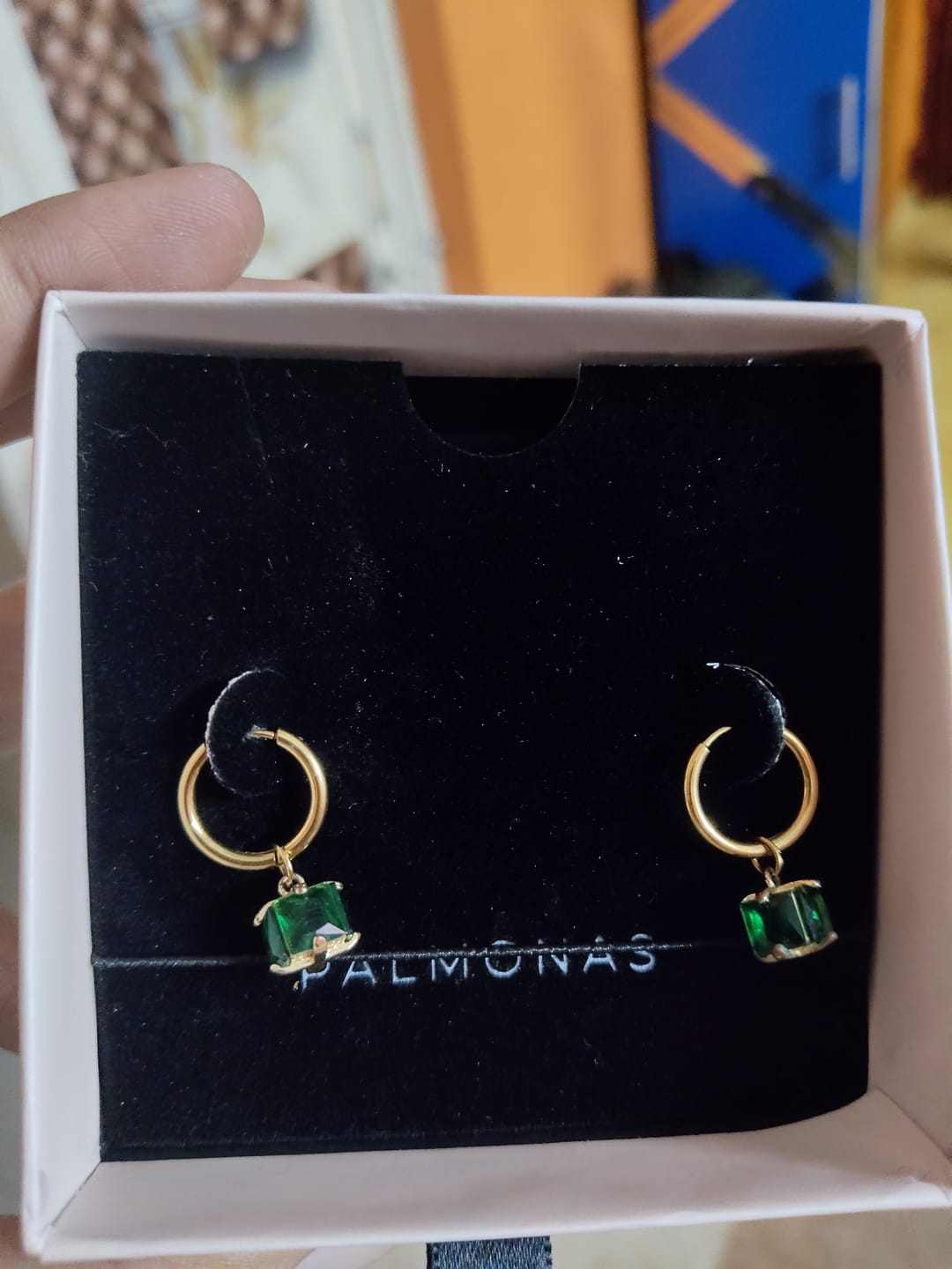 Customer photo review of Emerald Drop Hoop Earrings