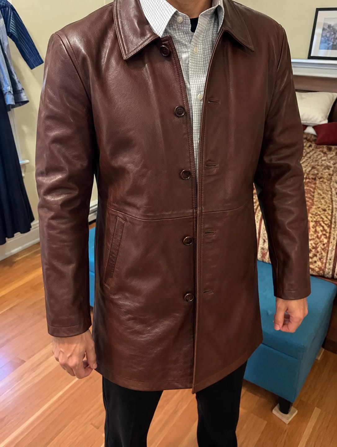 Customer photo review of Delusional Dark Walnut Brown Leather Pea Coat