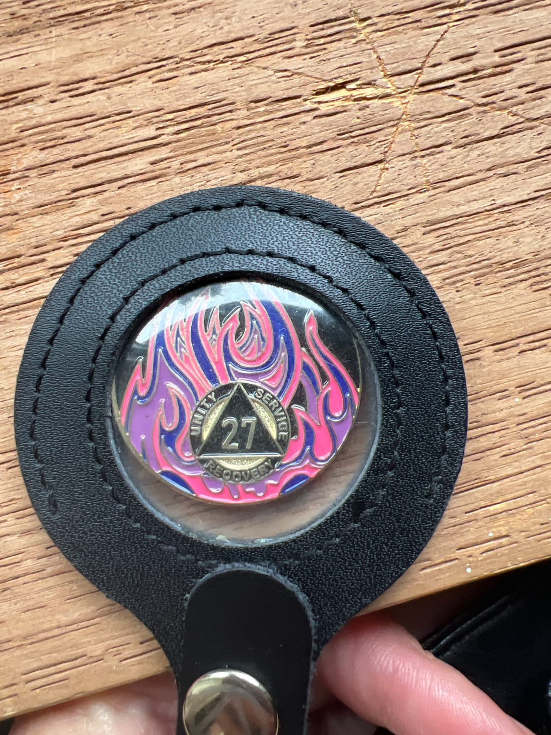 Customer photo review of 27 Year Sobriety Mint Twisted Flames Gold Plated AA Recovery Medallion - Twenty Seven Year Chip/Coin - Black/Pink/Purple/Blue