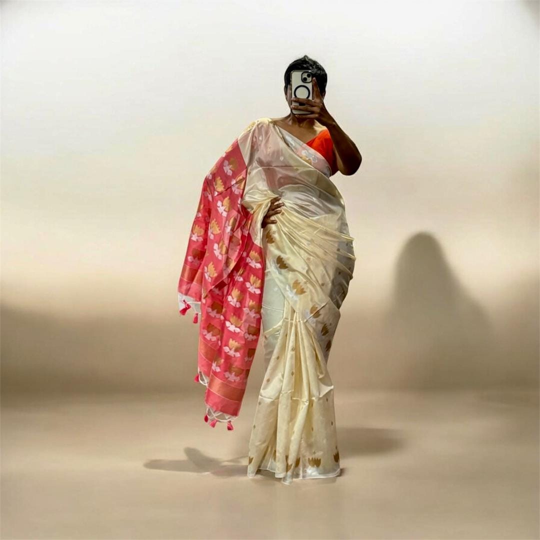 Customer photo review of Off-White Tussar Silk Saree