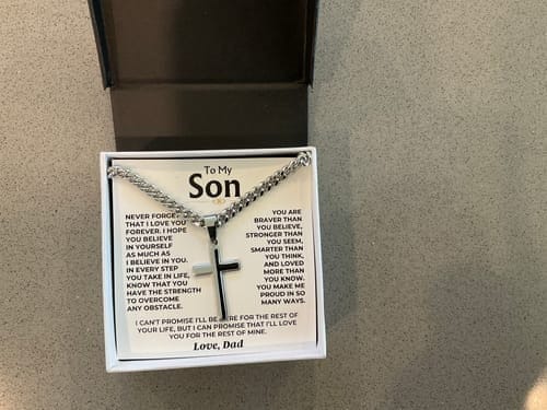 Customer photo review of Gift for Son from Mom Cross Necklace – Inspirational Faith Keepsake Gift