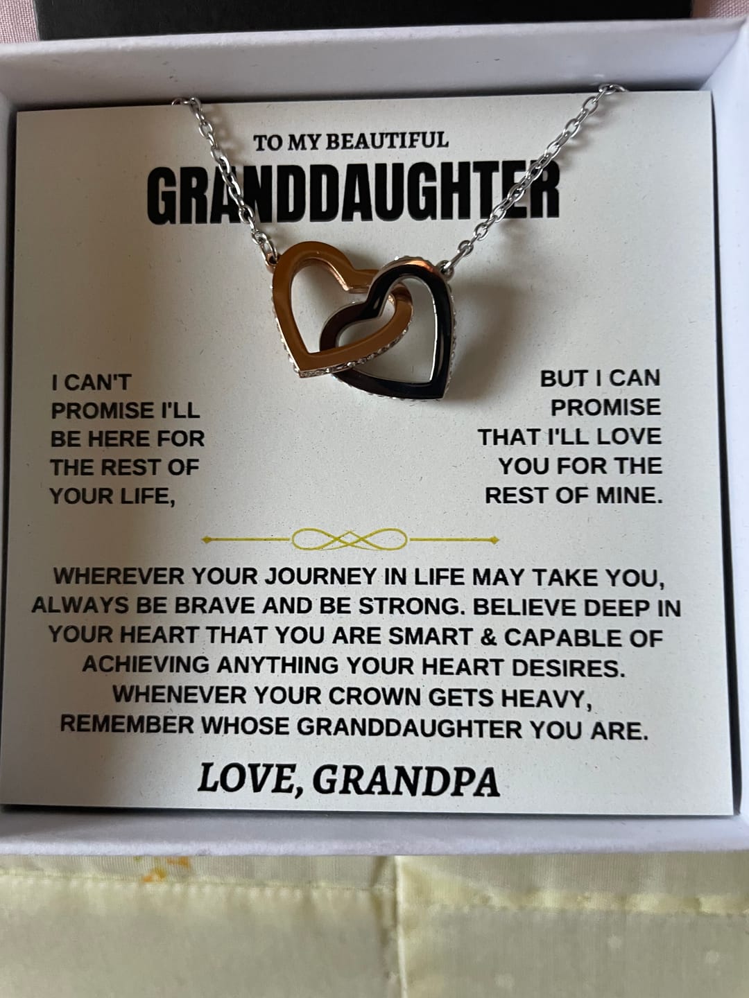 Customer photo review of [ALMOST SOLD OUT] To My Beautiful Granddaughter - Interlocked Hearts Necklace Gift Set - SS117