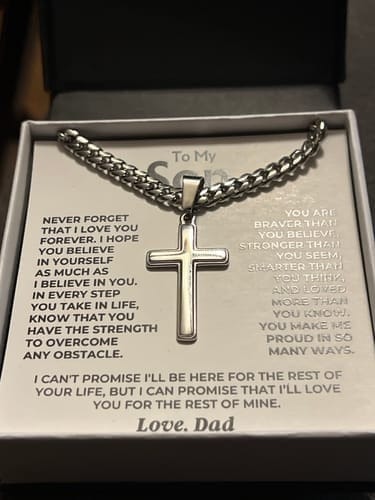 Customer photo review of Gift for Son from Mom Cross Necklace – Inspirational Faith Keepsake Gift