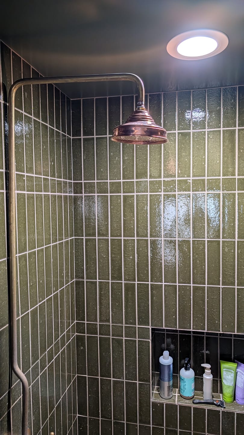 Customer photo review of Unlacquered Solid Copper Rain Shower Head, Large Round Handcrafted Vintage Showerhead, Works Outdoor