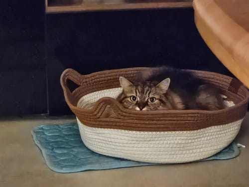 Customer's Fellnest Katzenkorb, a brown and cream woven basket, with a cat sitting inside on a blue mat.