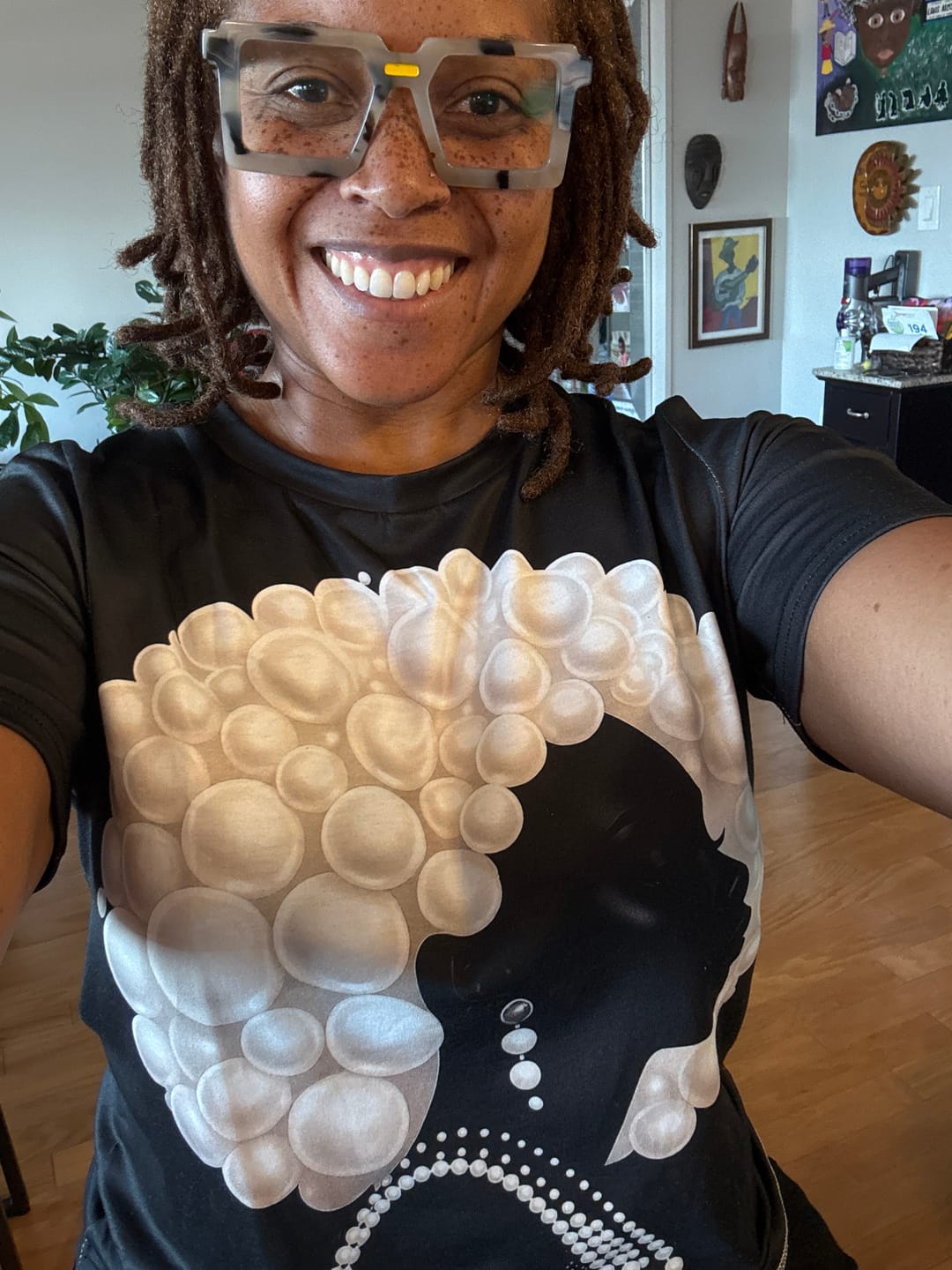 Customer photo review of Pearl Afro Black Woman Crew Neck Short Sleeve Tshirt