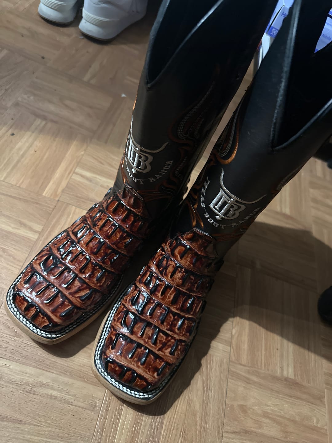 Customer photo review of Cognac Caiman Hornback Leather Boots - Square Toe