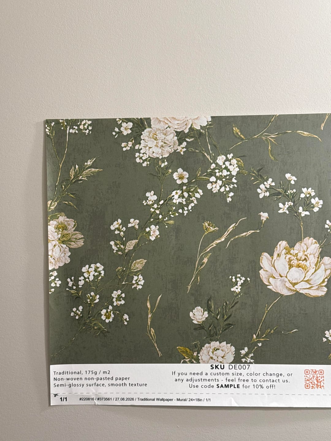 Customer photo review of Vintage Green Peony Wallpaper with White Wildflowers Watercolor Botanical Wall Covering Floral Decor