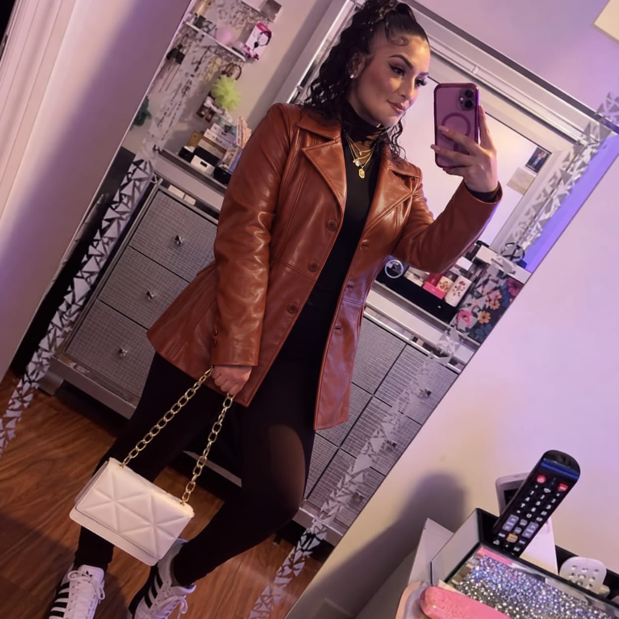Customer photo review of Allure Cognac Brown Single-breasted Leather Pea Coat For Women