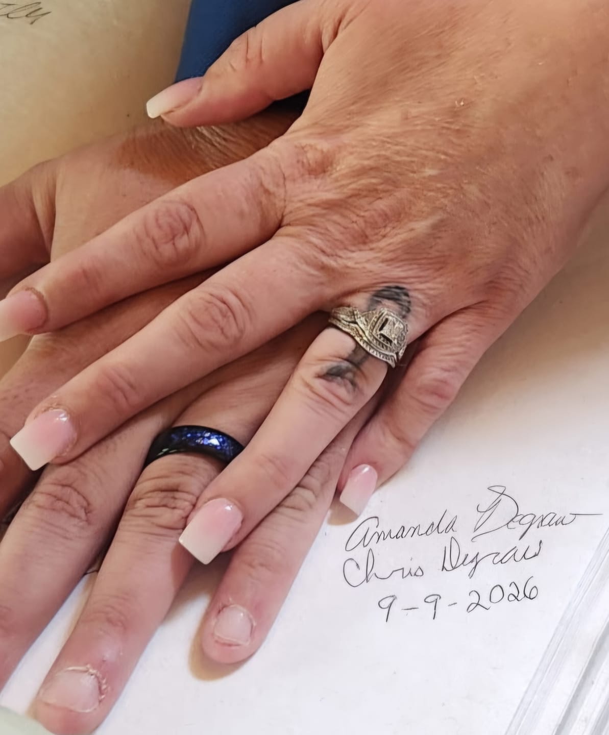 Customer photo review of THANOS | Black Tungsten Ring Blue Opal and Abalone Fragments