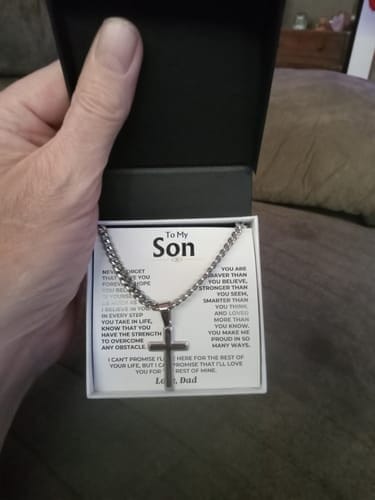 Customer photo review of Gift for Son from Mom Cross Necklace – Inspirational Faith Keepsake Gift