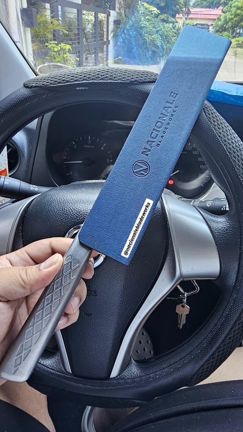 Customer photo review of 215mm Magnetic Knife Guard. Denim Blue PU