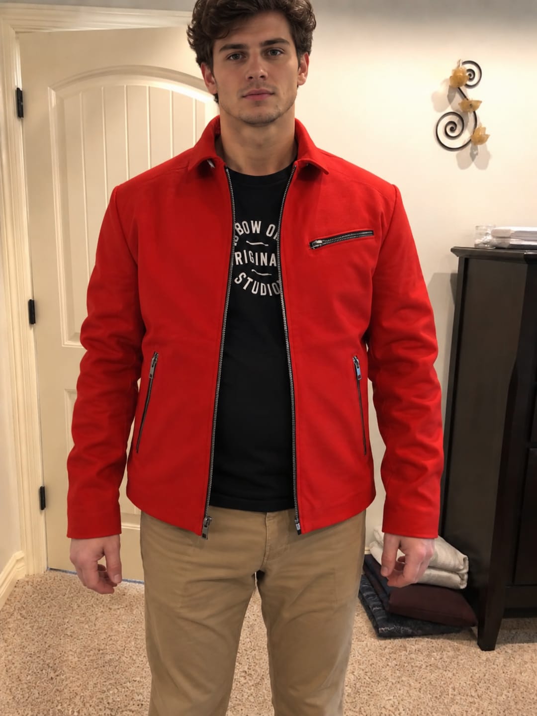 Customer photo review of Flare Red Suede Leather Biker Style Jacket For Men