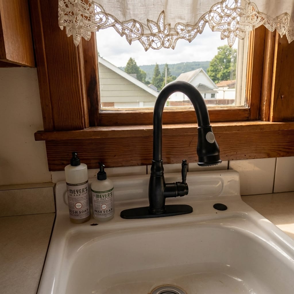 Customer photo review of Aalborg - Single-Handle Brass Kitchen Faucet with Pull-Out Feature & 360-Degree Swivel