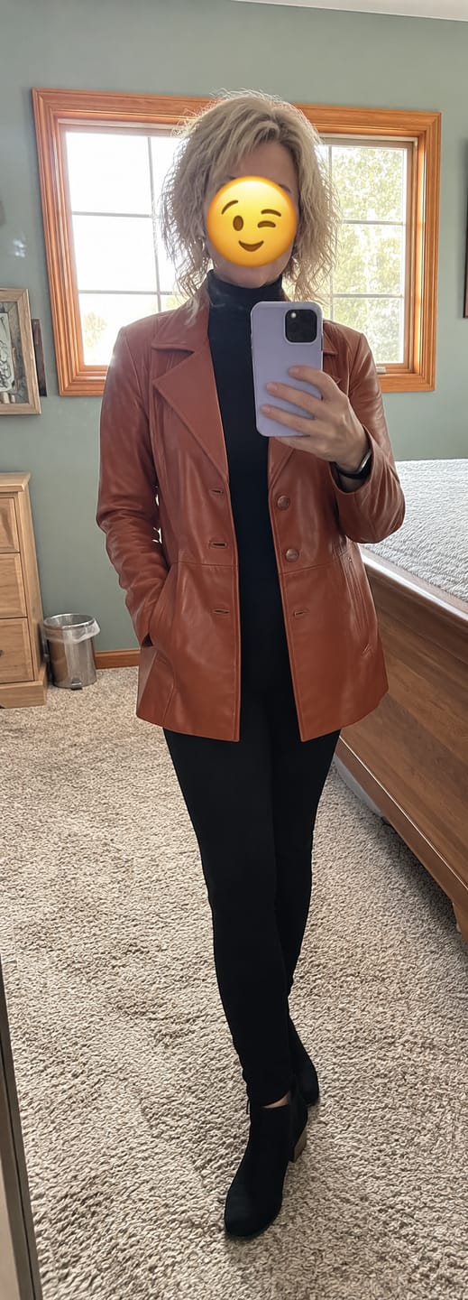 Customer photo review of Allure Cognac Brown Single-breasted Leather Pea Coat For Women