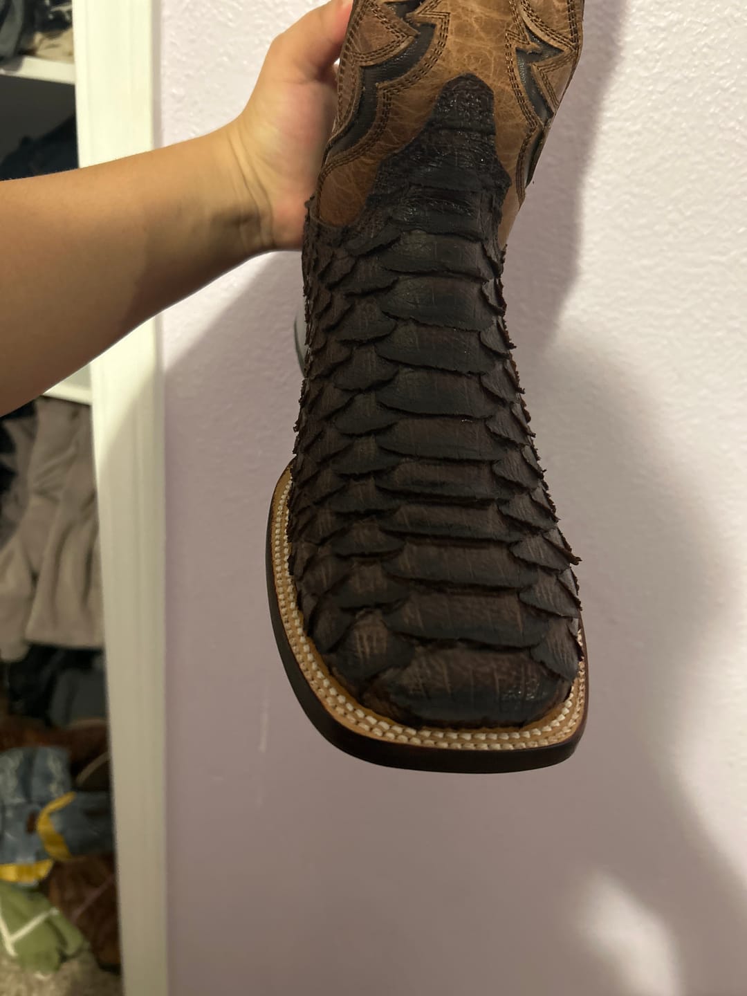 Customer photo review of Chocolate Brown Jumbo Python Leather Boots - Square Toe