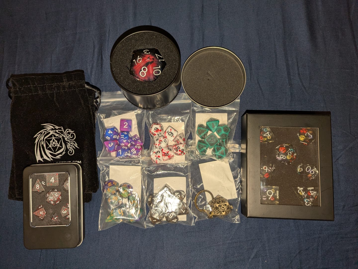 Customer photo review of Mystery Stash - 8 Dice Set Bundle + 1 RPG Accessory
