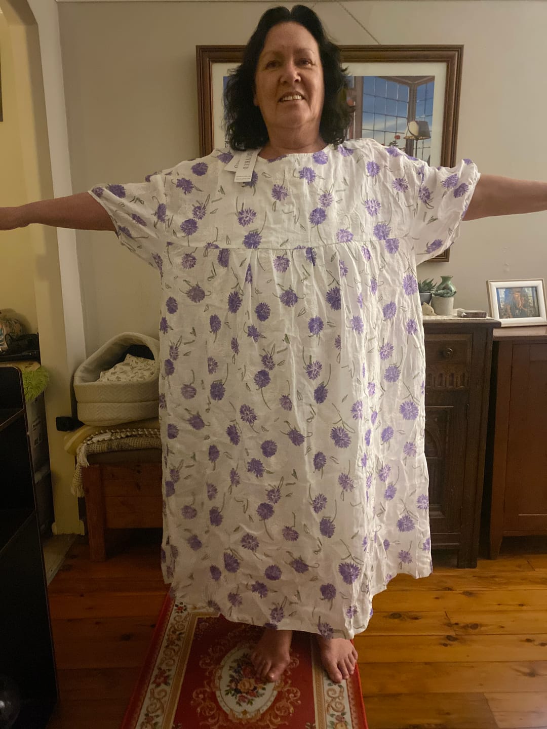 Customer photo review of Plus Size Women Summer Artsy Flower O-Neck 100%Ramie Dress
