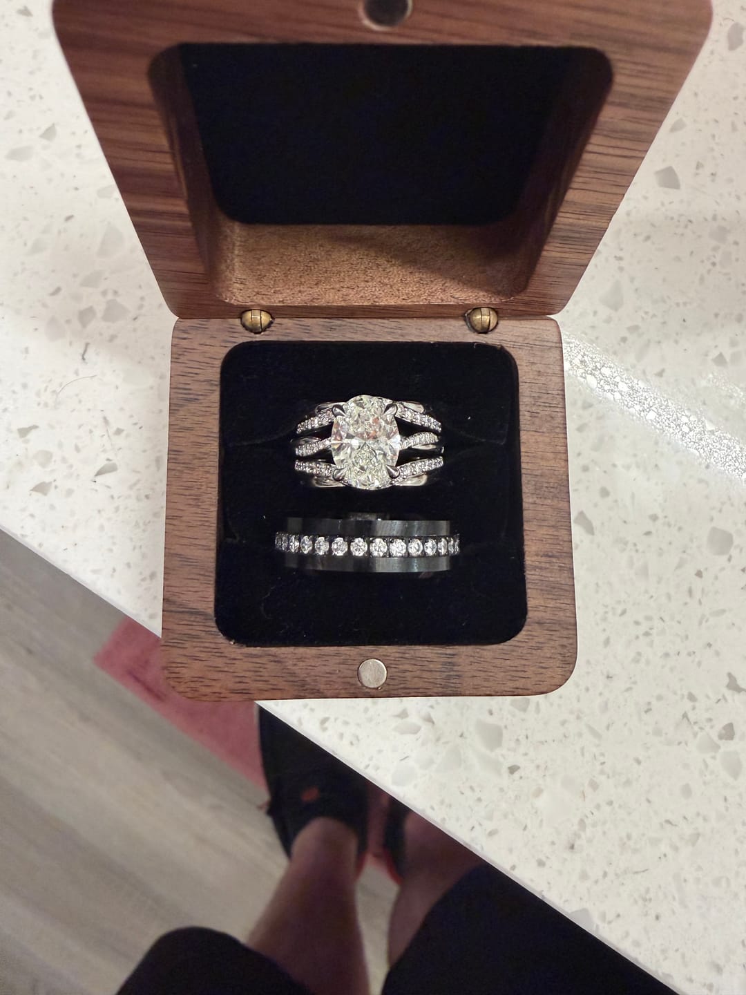 Customer photo review of 8mm - Black Tungsten Carbide Wedding Band Fully Stacked Cubic Zircon Beveled Edge Comfort Fit
