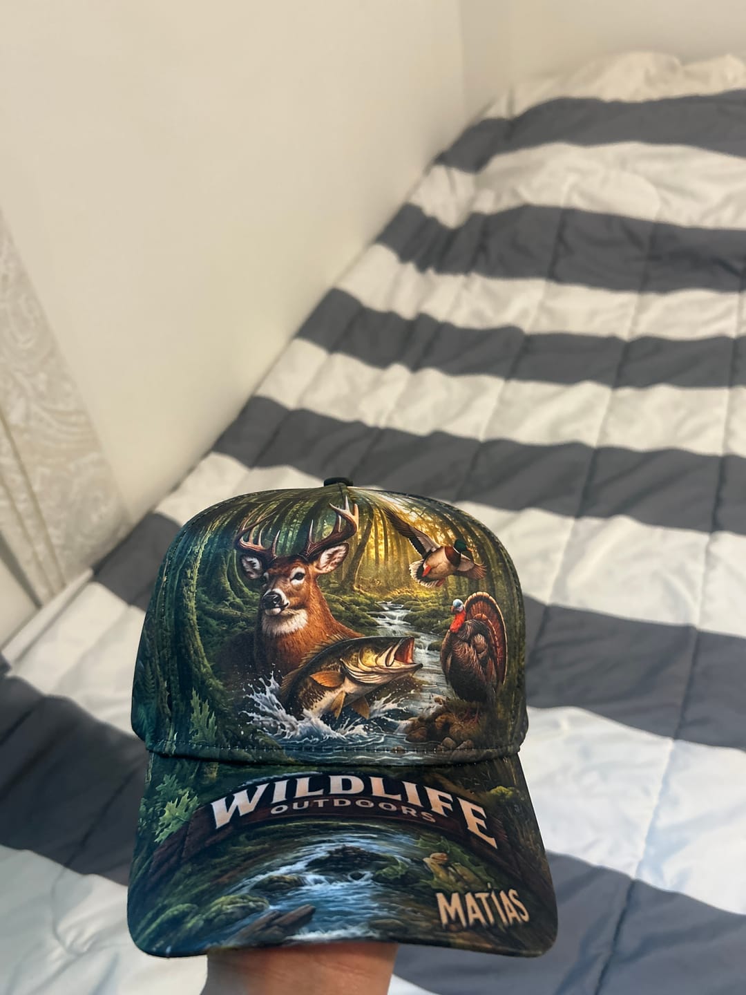 Customer photo review of Maxcorners Wildlife Hunting Forest Animals Sunset Scene Multi Options Personalized Name 3D Cap (3 Colors)