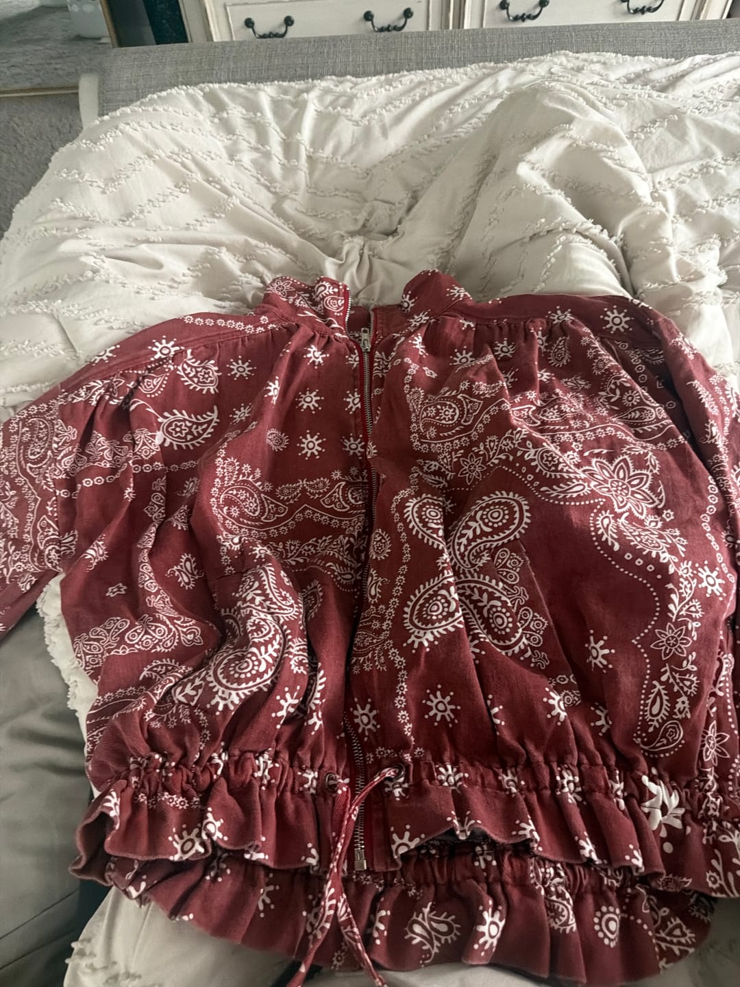 Customer photo review of Marcy Bandana Print Drawstring Waist Bomber Jacket