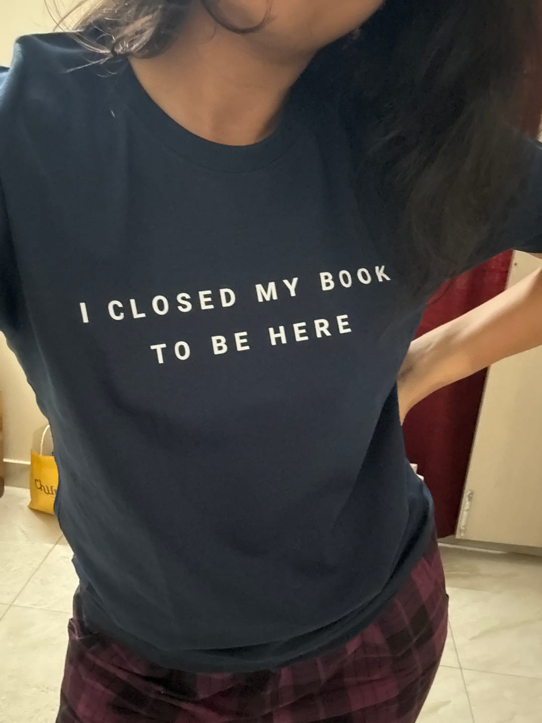 Customer photo review of I Closed My Book To Be Here: Minimal Tee