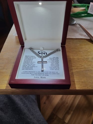 Customer photo review of Gift for Son from Mom and Dad Cross Necklace – Faith & Strength Keepsake