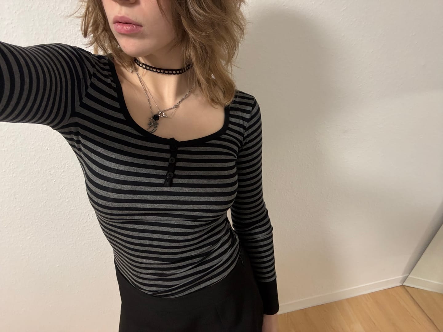 Customer photo review of Sabrina Henley Black Grey Stripe Fitted Top
