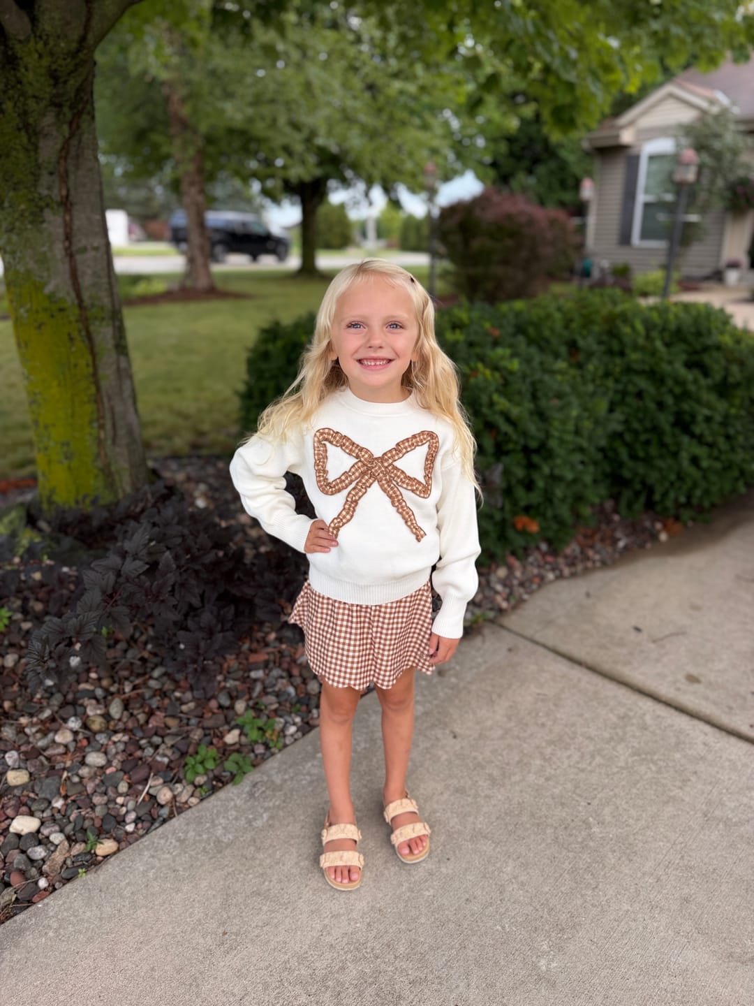 Customer photo review of Cinnamon Gingham Bow Sweater