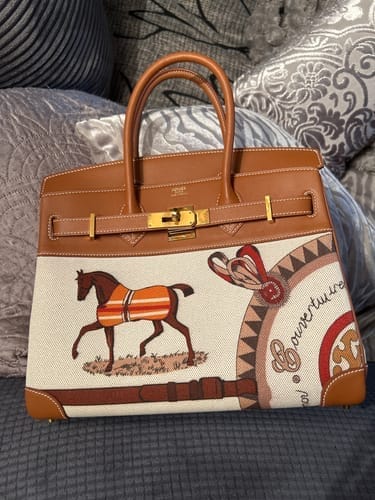 Customer photo review of BIRKIN 30 IN GOLD SWIFT CALFSKIN EMBROIDERED HORSE TOTEM NATURAL CANVAS