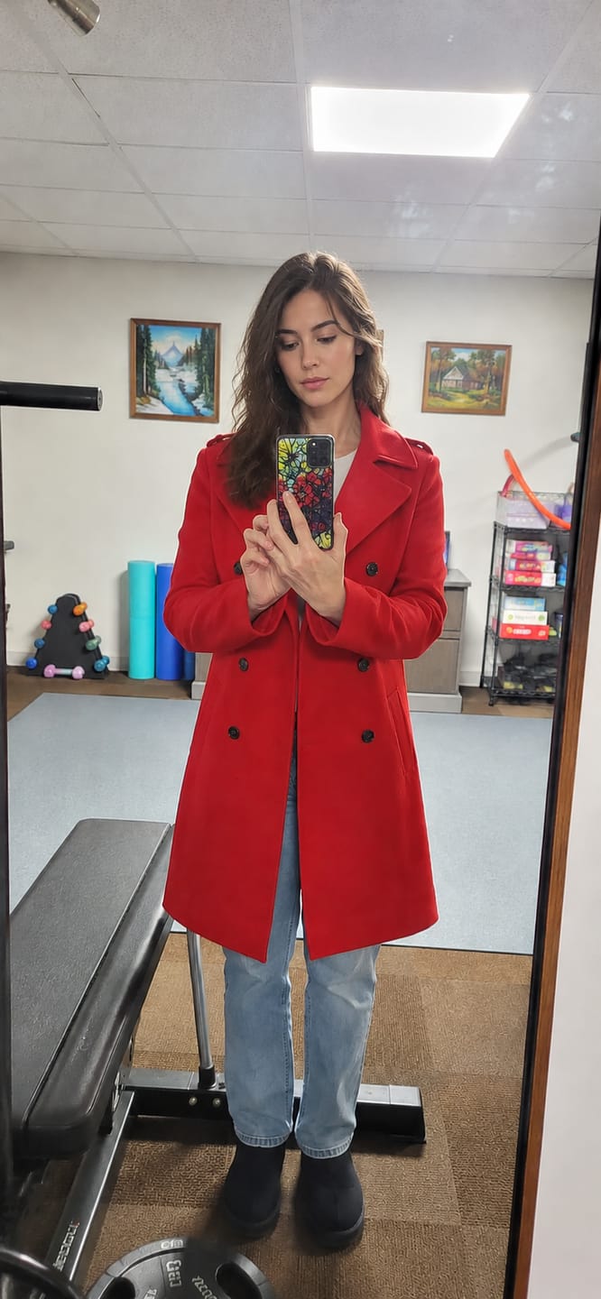 Customer photo review of Petal Red Double-Breasted Wool Overcoat For Women