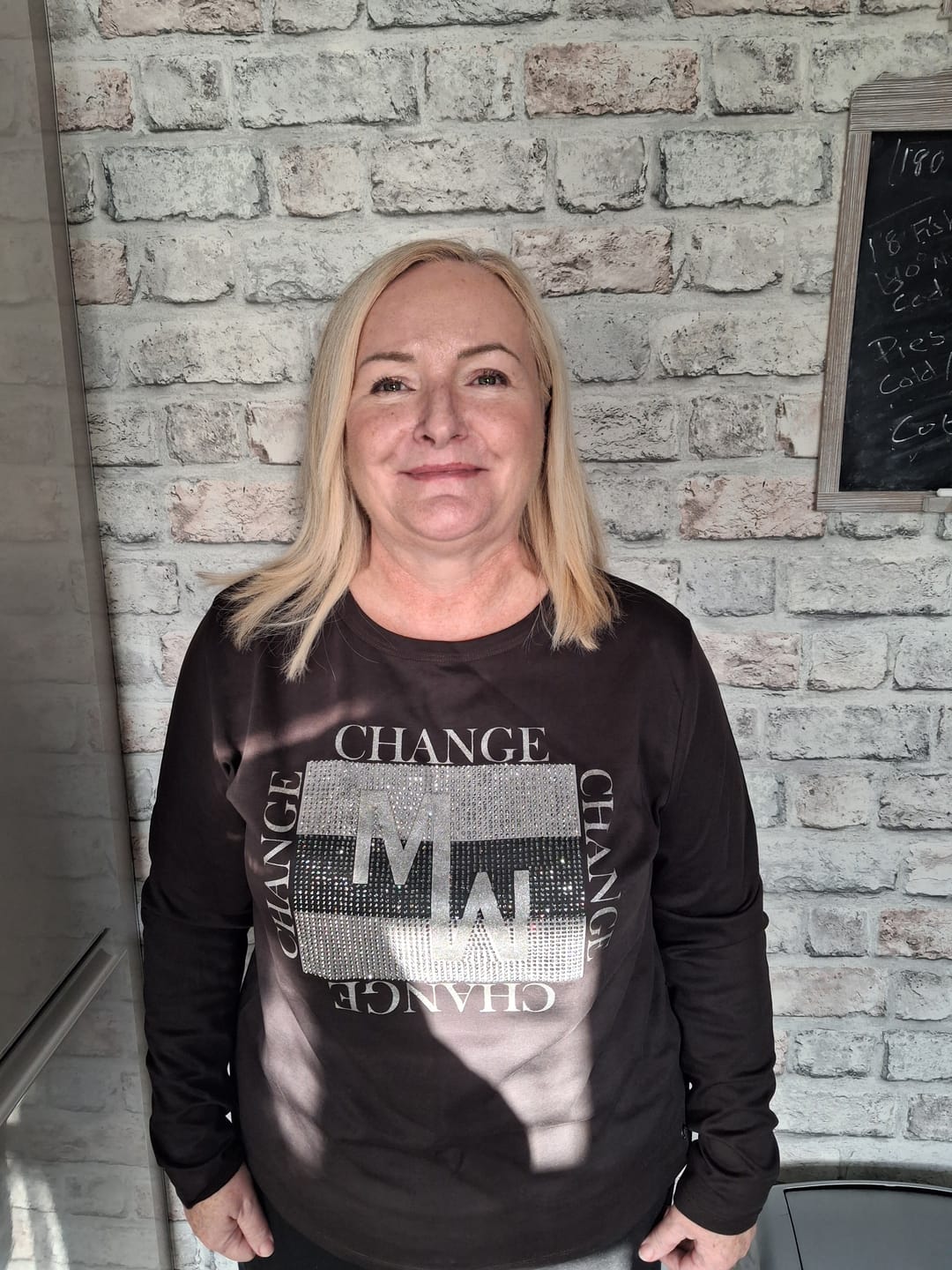 Customer photo review of Monari Top With 'Change' Diamante Graphic - Black Coffee 810004