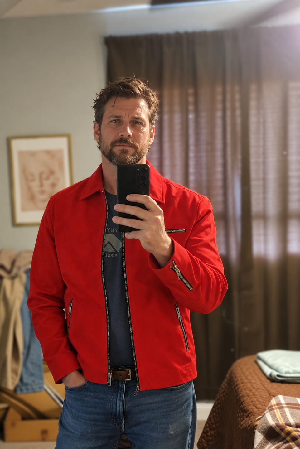 Customer photo review of Flare Red Suede Leather Biker Style Jacket For Men
