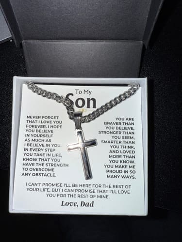 Customer photo review of Gift for Son from Mom Cross Necklace – Inspirational Faith Keepsake Gift