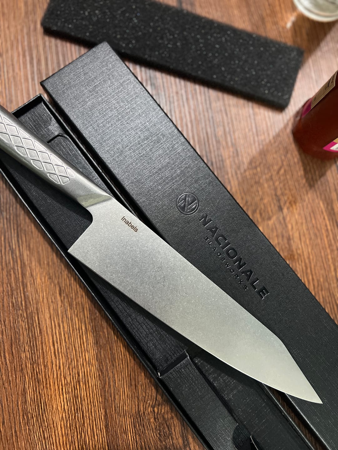 Customer photo review of 215mm K-tip Gyuto. Stonewashed AUS8 Steel. Skate Waffle Stonewashed Steel Handle