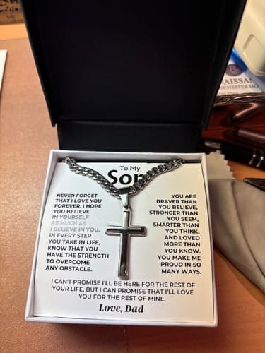 Customer photo review of Gift for Son from Dad Cross Necklace – Forever Love Inspirational Gift