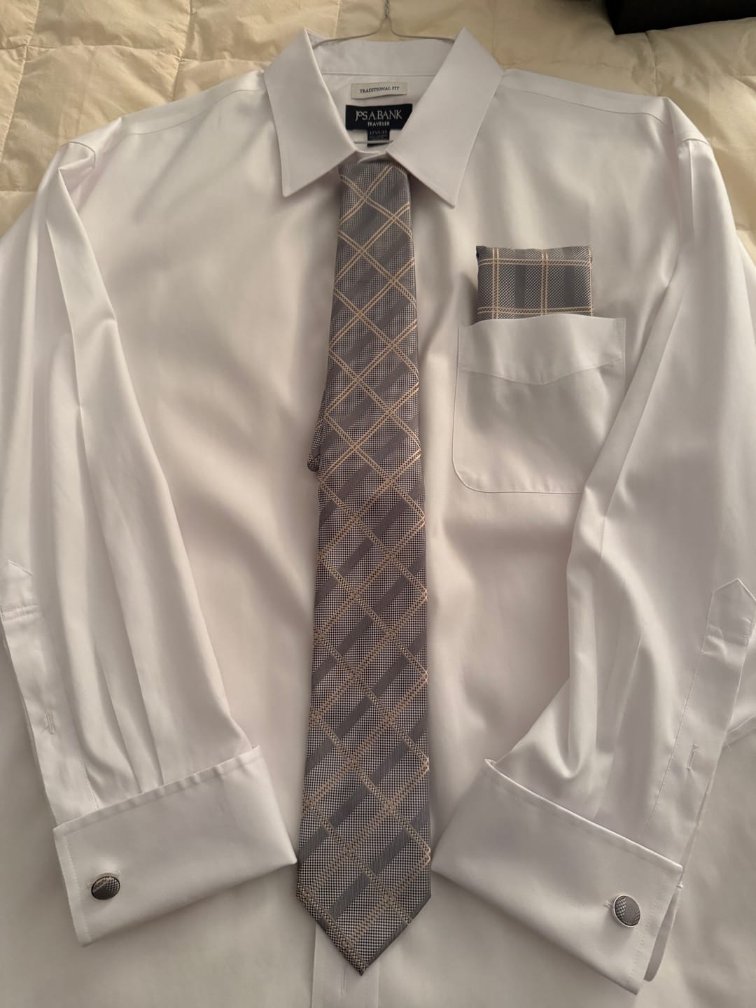 Customer photo review of Barry. Wang Mens Grey Plaid Tie Beige Checkered Necktie Set
