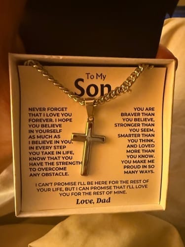 Customer photo review of Gift for Son from Mom Cross Necklace – Inspirational Faith Keepsake Gift