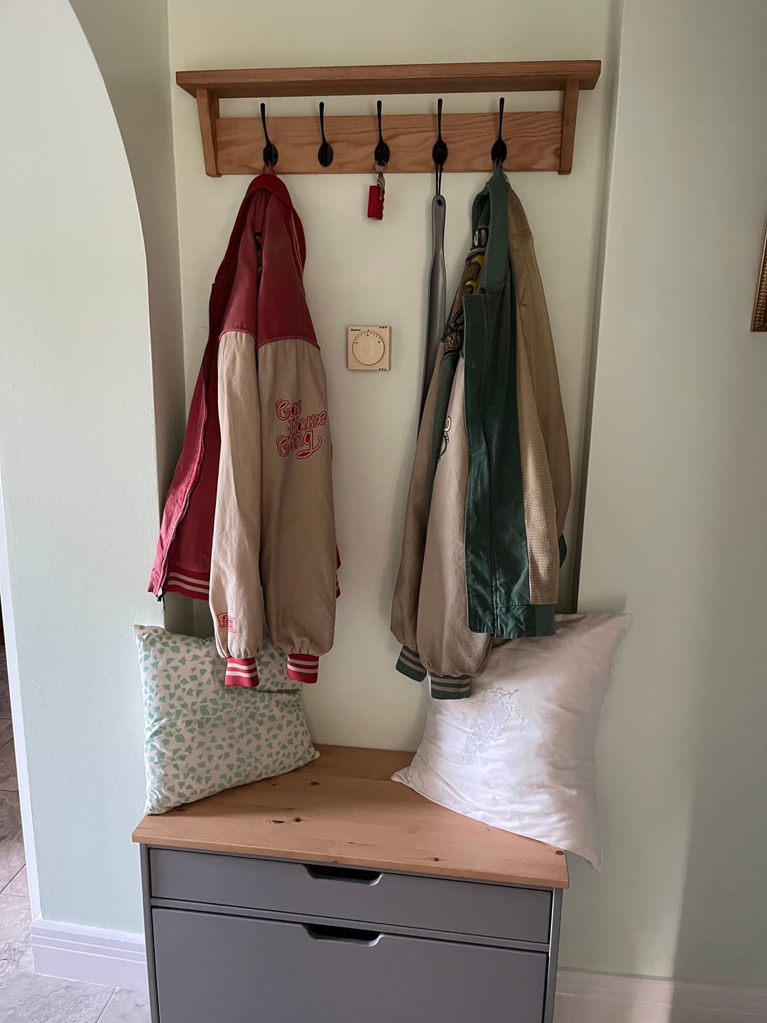 Customer photo review of Solid Oak Coat Rack With Storage Shelf