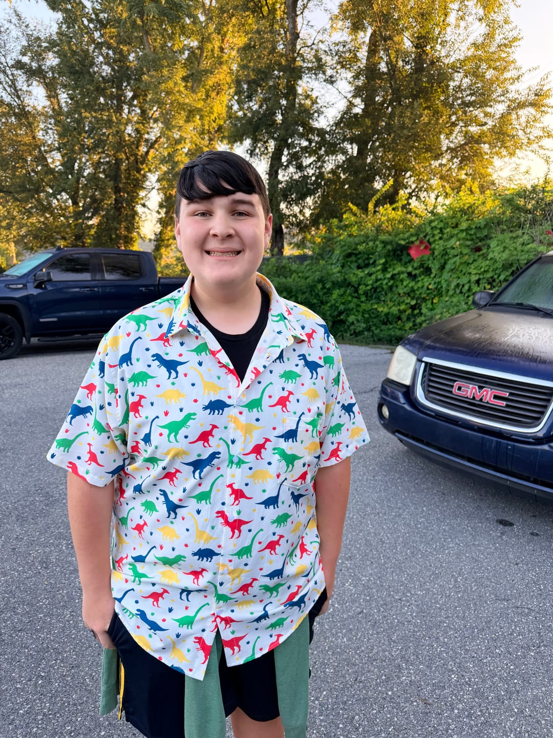 Customer photo review of Colorful Dinosaur Silhouettes White Button Up Shirt