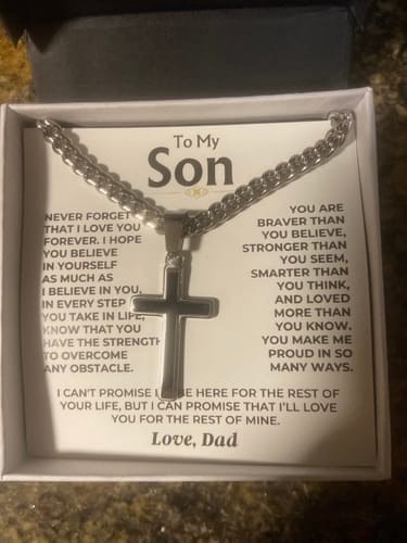 Customer photo review of Gift for Son from Mom Cross Necklace – Inspirational Faith Keepsake Gift