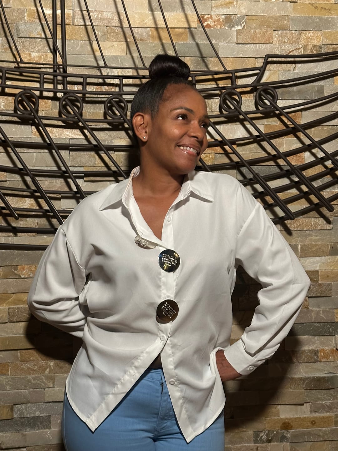 Customer photo review of Solid Color Stand Collar Long Sleeve Shirt with Metal Buttons