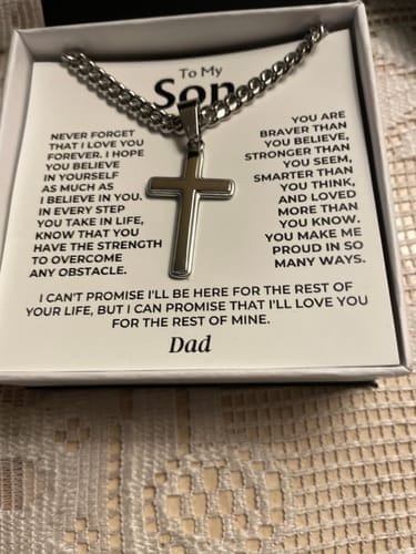 Customer photo review of Gift for Son from Mom and Dad Cross Necklace – Faith & Strength Keepsake