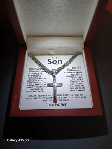 Customer photo review of Gift for Son from Mom and Dad Cross Necklace – Faith & Strength Keepsake